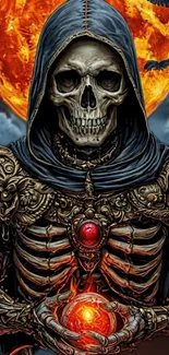 Gothic skeleton holding a fiery orb under a bright orange moon.