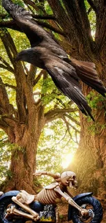 Skeleton riding motorcycle with eagle in a sunlit forest scene.