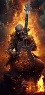 Fiery skeleton guitarist in a cityscape wallpaper.