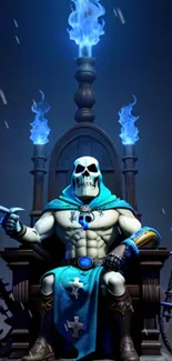 Skeleton seated on a dark fantasy throne with glowing blue flames.