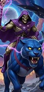 Skeleton warrior on a blue panther under a mystical moonlit sky.