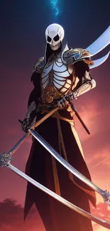 Epic skeleton warrior with swords in a vibrant sunset sky.