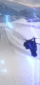 Skier performing a flip in snowy mountains with vibrant neon effects.