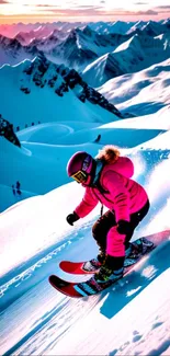 Skier in pink outfit carving down snowy mountain at sunset.