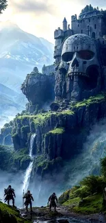 Epic skull fortress on a misty mountain waterfall backdrop.