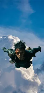 Anime character skydiving through clouds with blue sky background.