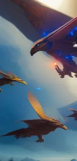 Epic dragons flying through a vibrant sky.