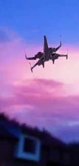 Fighter jet crossing a scenic purple sky.