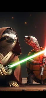 Sloth and turtle with lightsabers in a fantasy duel scene.