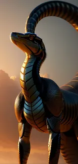 Mythical snake dragon against sunset sky mobile wallpaper.