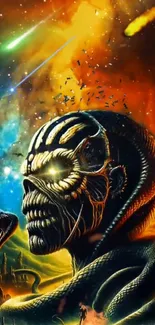 Epic snake warrior in cosmic battle scene with vivid colors and dynamic design.