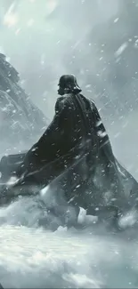 Warrior in cloak amid snowy winds on a mountain path.