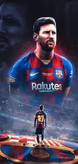 Epic soccer champion standing in iconic stadium arena.