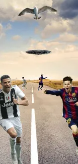 Surreal soccer wallpaper with famous players on a road under a vibrant sky.