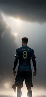 Soccer player under stormy skies on a field, featuring dramatic light.