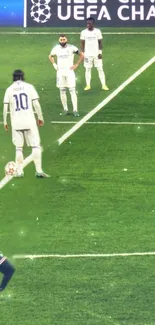 Football players preparing for a free kick during an exciting match on the field.