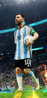 Soccer player holding ball in stadium.