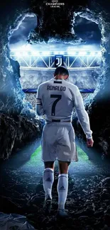 Soccer player in stadium tunnel with blue lighting.