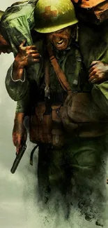 Heroic soldier carrying comrade in war-themed wallpaper.