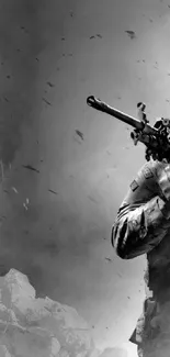 Epic black and white soldier in battle scene wallpaper.