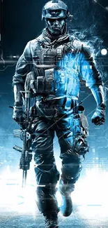 Epic digital art of futuristic soldier, ideal for gaming wallpaper.