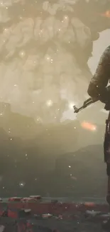 Soldier stands before massive explosion in dramatic scene.