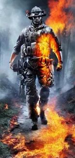 Epic soldier in flames mobile wallpaper with intense action.