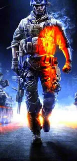 Epic soldier game wallpaper with blue and orange hues.