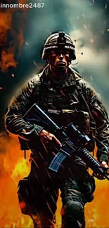 Soldier stands amidst fiery battle flames holding a weapon.