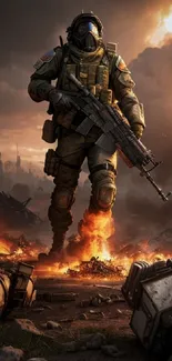 A soldier in battle gear strides through a fiery battlefield with clouds billowing above.