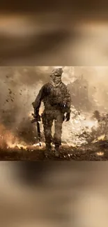 Epic scene of a soldier in a dynamic battlefield setting.