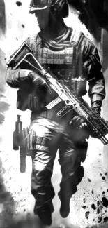 Black and white soldier in tactical gear mobile wallpaper.