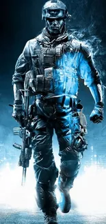 Epic soldier in blue armor with smoke and urban backdrop wallpaper.