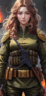 Portrait of a female soldier in battlefield with vibrant, fiery background.