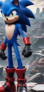 Sonic the Hedgehog stands on a city rooftop with an urban skyline.