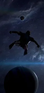 Silhouette of an adventurer in space with planets and stars