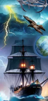 Ship sailing with eagle in a cosmic storm and planet view wallpaper.