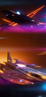 A dramatic space battle scene with glowing spaceships against an orange celestial backdrop.