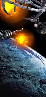 Epic space battle scene with spaceships and fiery explosions above Earth.