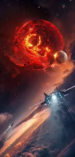 Epic space battle with spacecraft in action and fiery planet background.