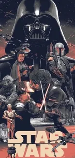 Star Wars wallpaper with iconic characters in an epic space battle scene.