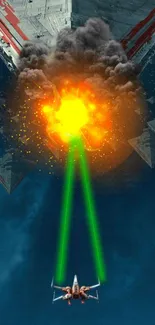 Space battle with explosion and laser beams in a sci-fi wallpaper.