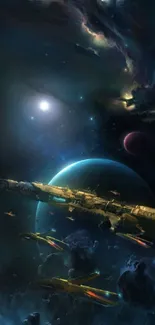 Epic space battle with starships and galaxies background.