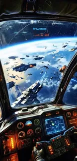 Epic space battle seen from spacecraft cockpit.