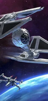 Starfighters engage in a space battle above a planet.