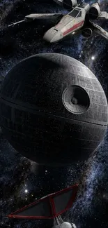 Epic space battle scene with starships and cosmic backdrop.