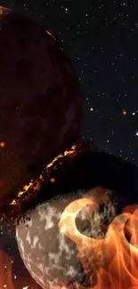 Fiery planetary collision in outer space under a starry night sky wallpaper.