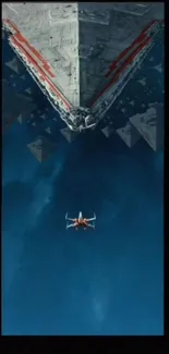 Epic space battle wallpaper with small red spaceship and massive ship.