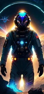 Epic astronaut in cosmic galaxy wallpaper with vibrant colors and futuristic design.