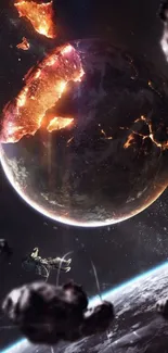 Epic space wallpaper with exploding planet and asteroids.